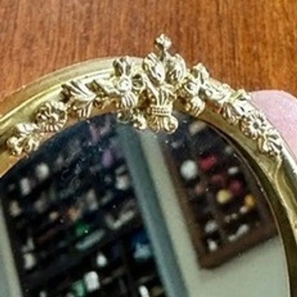 Vintage Gold Miniature Oval Mirror Ornate Floral Crest Tabletop Vanity Decor
